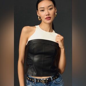 Pilcro Anthropologie Layered Faux Leather Corset Tank Black White Size XXS NWT